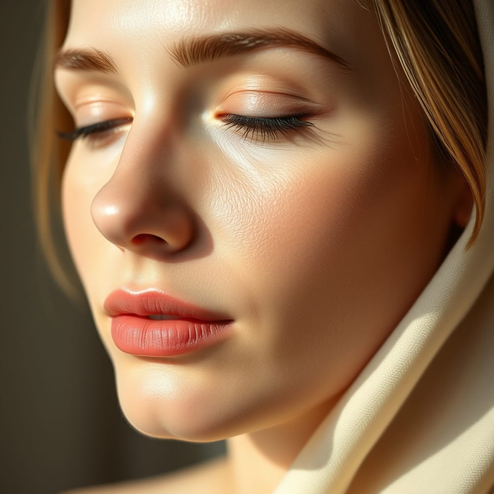 A serene, restful expression in soft natural light