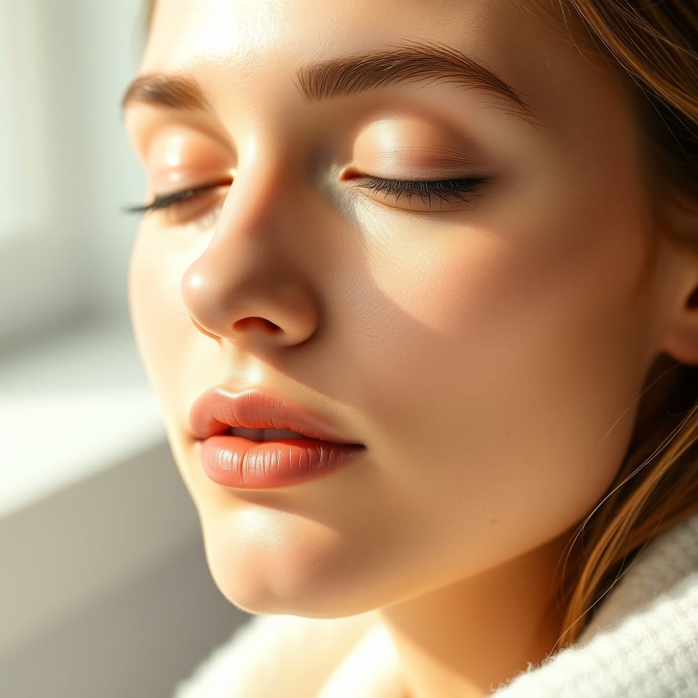 A calm, relaxed expression in soft natural light