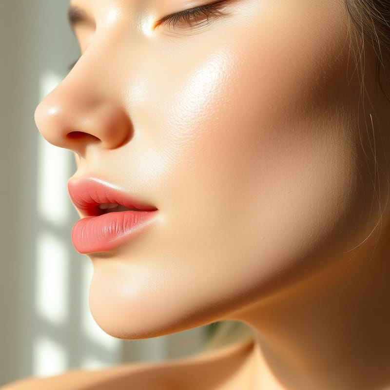 Soft editorial close-up of a luminous cheek and jawline